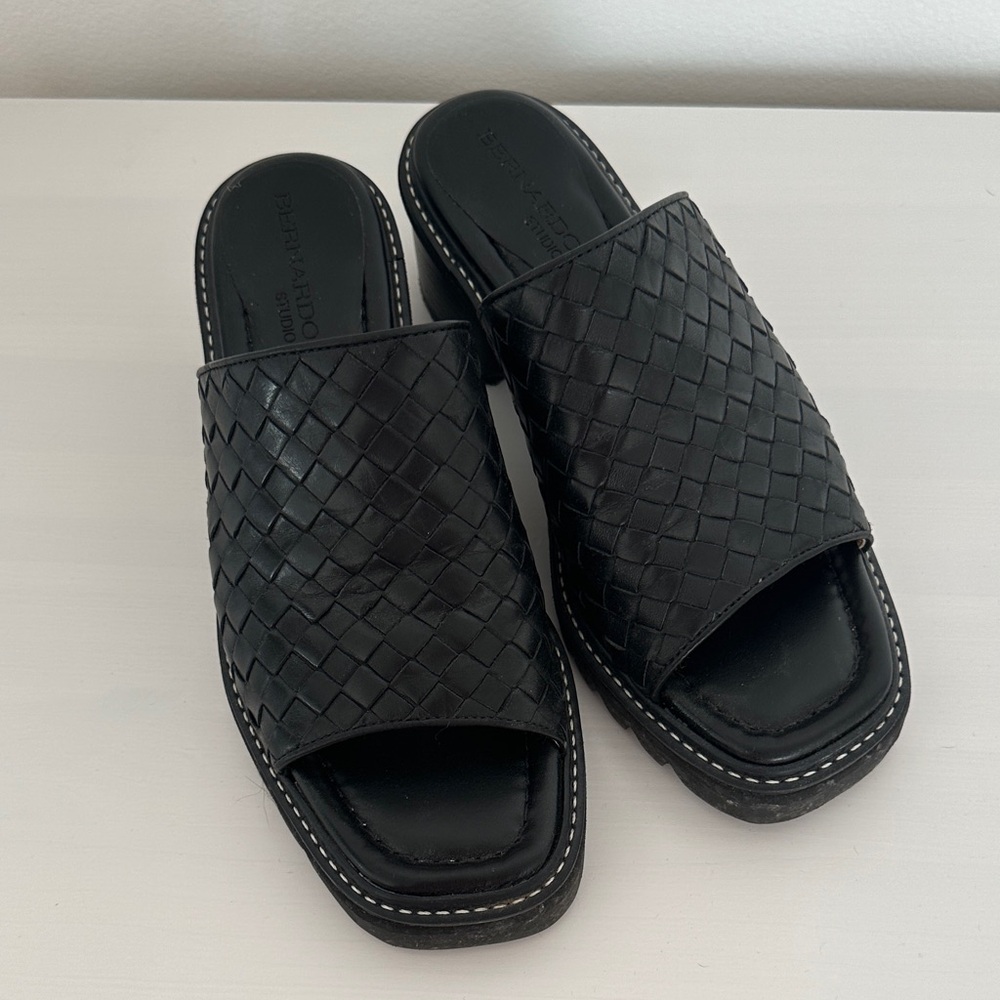 Black Woven Genuine Leather Slide Mules